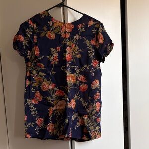 Reformation Navy Floral Short-Sleeve Blouse